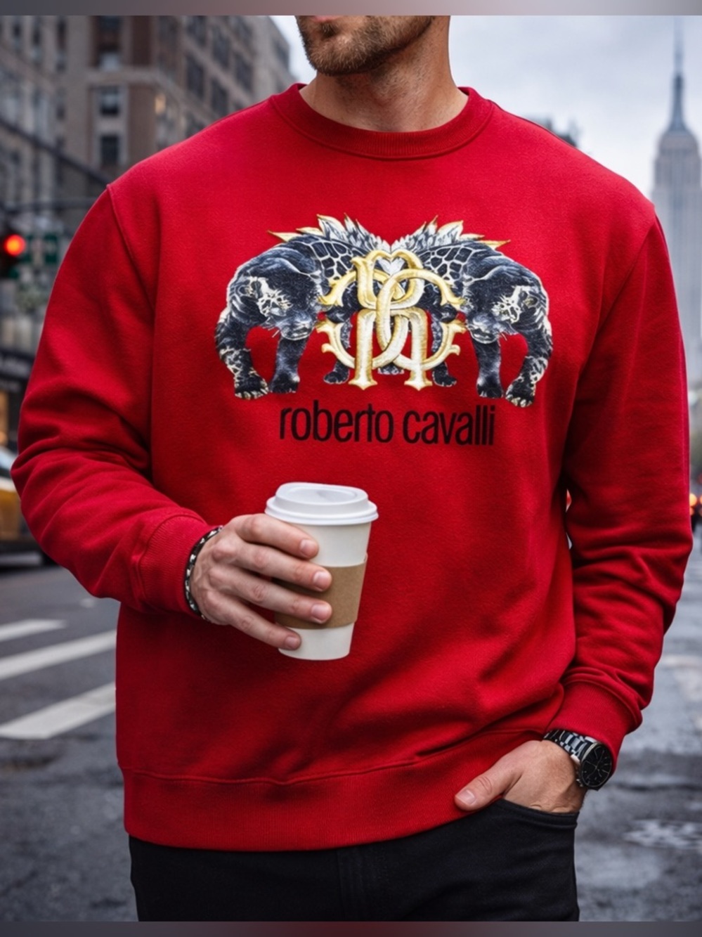 Roberto Cavalli Mens XL Sweatshirt Red Black Tiger Logo Cotton Crewneck